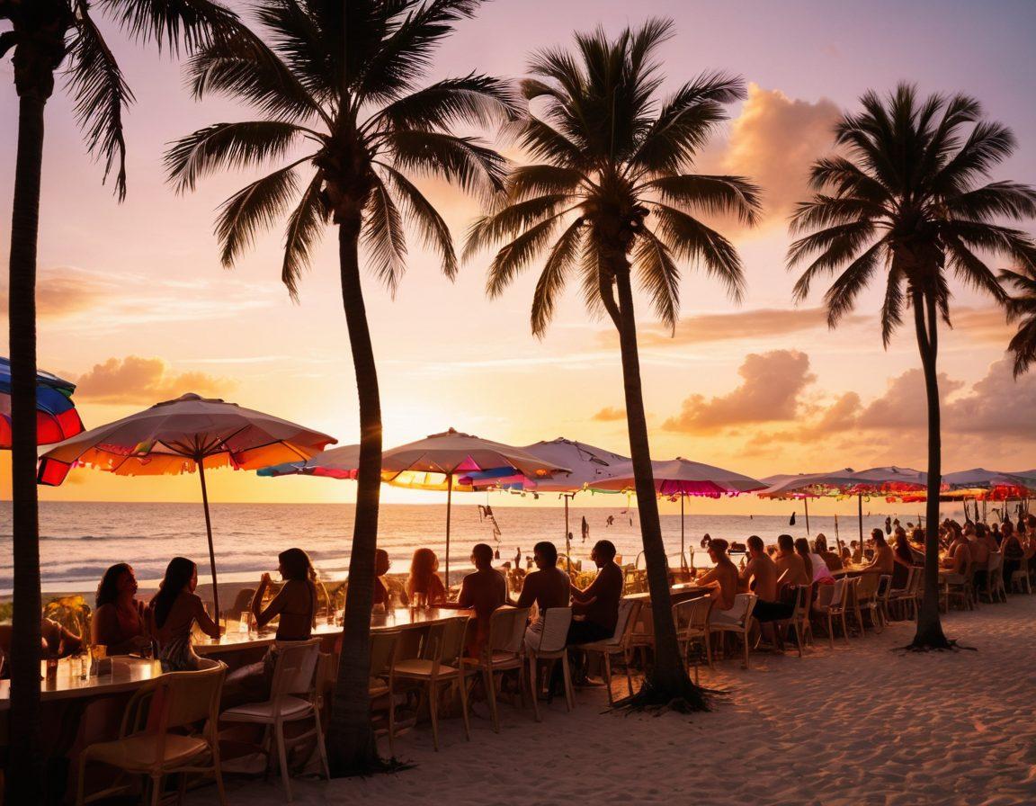 A vibrant Miami beach scene transitioning into a lively bar atmosphere, showcasing a diverse group of friends enjoying cocktails under palm trees, with the sun setting in the background. Elements of beach activities like surfboards and beach towels blend seamlessly into the bustling nightlife with music notes and colorful lights in the air. Capture the essence of community, empowerment, and celebration. super-realistic. vibrant colors. dynamic contrast.