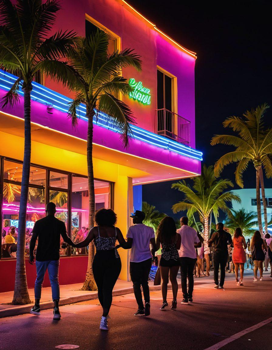 A vibrant night scene in Miami, showcasing diverse individuals celebrating under colorful neon lights. Capture the essence of empowerment with lively dance movements, bold fashion, and cultural expressions like salsa and hip-hop. The backdrop should feature iconic Miami architecture and palm trees, creating an inviting atmosphere. Ensure the image conveys a sense of freedom and joy. neon art style. vibrant colors. dynamic composition.