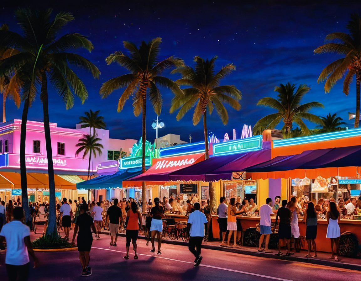 A lively Miami street scene at night, filled with colorful neon lights and bustling nightlife. Depict diverse groups of people dancing, laughing, and enjoying local food from vibrant street vendors, surrounded by palm trees and art deco buildings. Capture the essence of culture, empowerment, and joy in the atmosphere. Incorporate bright, bold colors to reflect Miami's vibrancy. super-realistic. vibrant colors. night scene.